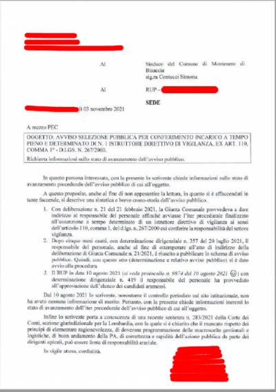 La lettera inviata tramite pec al Comune di Montenero di Bisaccia